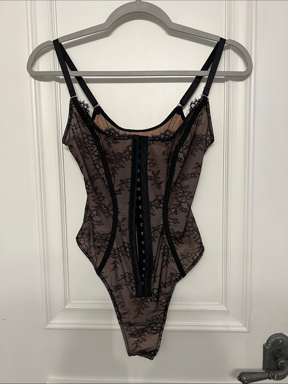 Black Lace Bodysuit with Nude Lining - Elegant Shaping Straps SHAPELLX
